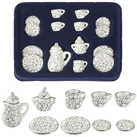 Cheriswelry 15Pcs Porcelain Teapot Miniatures Ceramic Teacup Ornaments | Black Flower Pattern Tea Set Miniatures Dollhouse Teapot Porcelain Figures for Home Decor Desktop Garden Micro Landscape