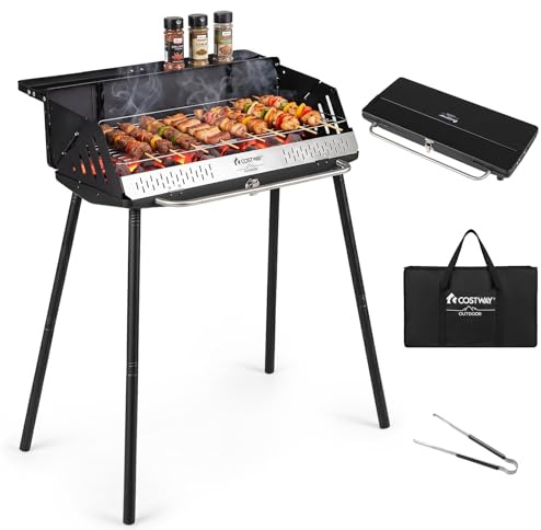 COSTWAY Barbecue Carbonella Pieghevole con Griglia Regolabile in Altezza | Barbecue Portatile con Paravento Laterali, Gambe Smontabili, Pinza per Carbone e Borsa per Campeggio e Picnic