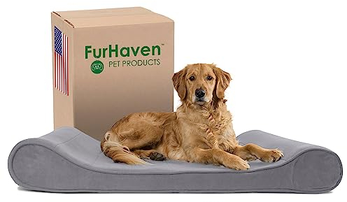 Furhaven Orthopädisches Hundebett für große Hunde mit abnehmbarem, waschbarem Bezug, für Hunde bis zu 34 kg, Mikrosamt-Luxe-Liege, Konturmatratze, Grau, Jumbo/XL