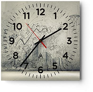 Modern Wanduhr Graffiti Tapete Zeichnung Haus 40x40cm Quadrat Groß Wand Uhr Glas Analog Zimmeruhren Küche Büro Wohnzimmer Glasuhr Wall Clock Dekoration Design Wanddekoration Küchenuhr C4AC40x40-2801