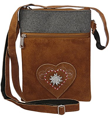 Harrys-Collection Umhänge Trachtentasche Leder Velour mit Applikation Herz Stickerei und Edelweiß, Farben:Cognac