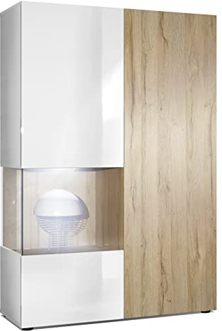Vladon Vitrine Armoire Morena, Corps en Blanc Mat/Porte Droite et Insert en Chêne Nature avec éclairage LED