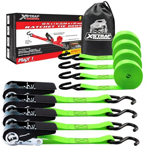 XSTRAP Spanngurte mit Ratsche, 3 m, 136 kg Tragkraft, 408 kg Bruchfestigkeit, Cargogurte für bewegliche Geräte, Motorrad, Neongrün/Blau, zufällig, 4 Stück