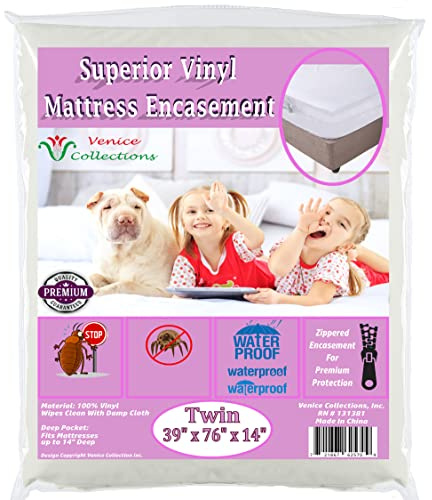 v Superior Extra Heavy 8 Gauge Vinyl Mattress Protector Zippered Encasement Cover 100% Waterproof & Bed-Bug Proof Twin