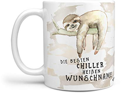 Sunnywall Faultier-Tasse Kaffeebecher Wunsch-Tasse Geburtstags-Tasse Geschenk-Tasse inkl. gratis Geschenkkarte die besten Chiller heißen Wunschname (weiß)