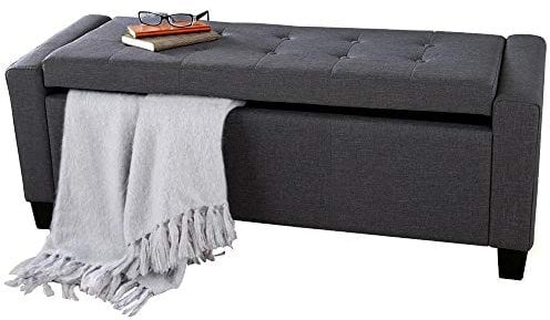 BAKAJI Cassapanca Pouf Contenitore Poggiapiedi per Camera da Letto Panca Sgabello con Struttura in Legno Rivestimento in Tessuto Seduta Apribile Imbottita Dimensioni: 110 x 40 x 40 cm (Grigio scuro)