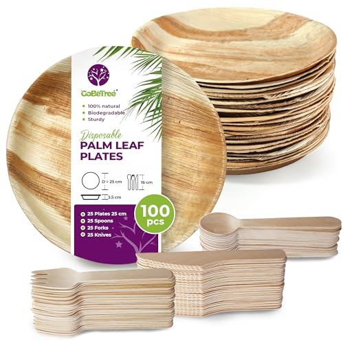 GoBeTree 25 Assiettes Jetables en Feuille de Palmier Rondes 25 cm avec 75 Couverts Jetables en Bois, Vaisselle Jetable Élégante, proche du bambou, pour fêtes, barbecues et pique-niques