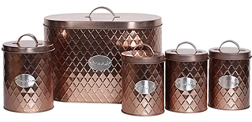 Denny International 5PC Kitchen Food Storage Set Bread Bin, Biscuit Tin and Tea, Coffee & Sugar Canister Set, Vintage Classic Inspired Metal Storage Set BY Crystals® (Copper)