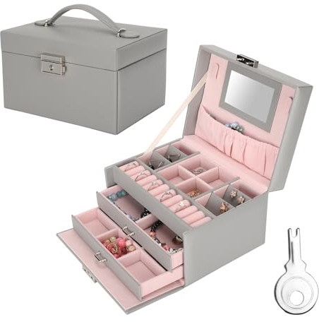 Damen Schmuckschatulle, Dreistufiger Schmuck-Organizer mit Spiegel, Schmuckschatulle mit Vorhängeschloss, Rosa Innenausstattung, Ring-Halskette Ohrringe Armband-Display für Unterwegs(grau)