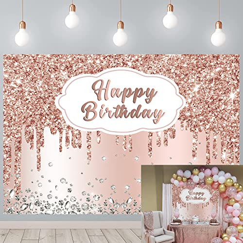 Roségoldener Hintergrund für Geburtstagsparty, rosa Glitzer-Diamanten, Happy Birthday, Fotografie-Hintergrund, Mädchen, Frau, Party-Dekoration, Kuchen, Tischbanner