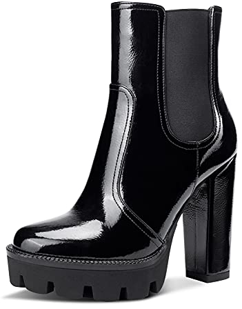 NobleOnly Donna Plateau Chelsea Stivali Cerniera Polacchine Tacco a Blocco 12CM High Heels Boots Nero Pelle Verniciata Scarpe EU41