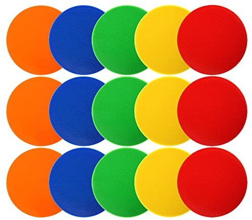Okllen 15 Pack Poly Vinyl Spot Markers, 9 Inch/23 CM Floor Dots Non-Slip Rubber Agility Dots, Flat Field Cones Circles for Training, Exercise Drills, Gym, Football, Basketball, 5 Colors
