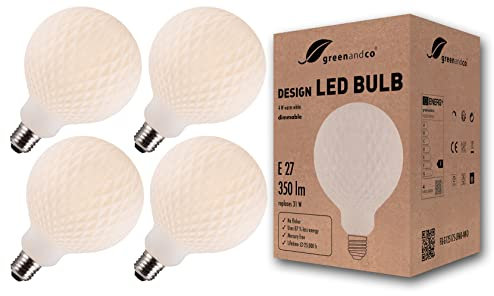greenandco 4x Vintage Design LED Lampe | Opal Rauten | dimmbar | E27 G125 | 4W 350lm | CRI90+ | 3000K warmweiß | flimmerfrei | zur Stimmungsbeleuchtung | 360° | 230V