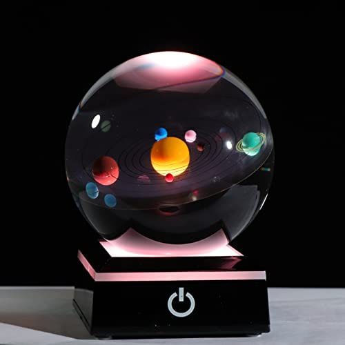 Bola de cristal 3D con modelo de sistema solar y base de lámpara LED, bola de cristal transparente de 80 mm (3.15 pulgadas), el mejor regalo de cumpleaños para niños, profesor de física, regalo de