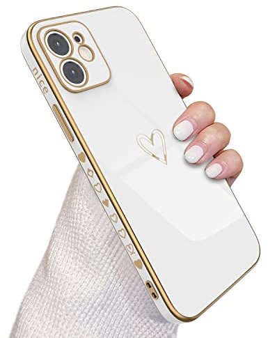 QLTYPRI Compatible with iPhone 12 Case Luxury Plating Love Heart Phone Cover with Full Camera Protection Slim Soft TPU Bumper Shockproof Protective Electroplated Case for iPhone 12(6.1 inch)-White