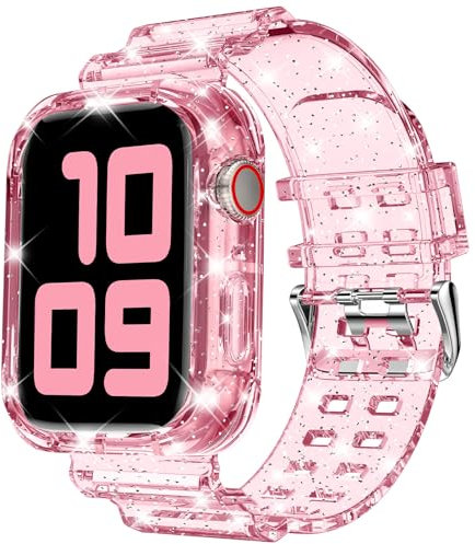 DABAOZA Cinturino sportivo trasparente compatibile con Apple Watch con custodia paraurti da 41 mm, 40 mm, 38 mm, unisex, in poliuretano termoplastico glitterato, per iWatch SE Ultra Series 10 9 8 7 6
