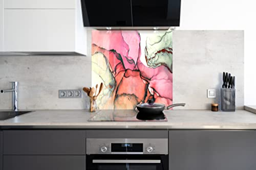 Myphotostation Pink Marble Tempered Glass Backsplash 70WX43H'' Fractal Splashback for Kitchen Decor Bathroom Wall Protector Oven Backsplash Panel Tile Glass Cooker Splashback