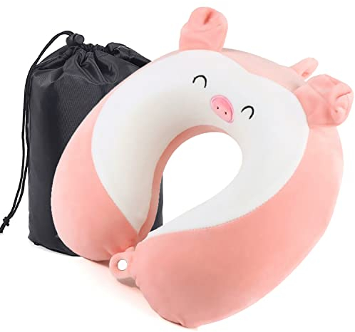 MASMAS Reisekissen, viskoelastisches Nackenkissen aus Memory-Schaum, bequem für die Zervikale, orthopädische Nackenstütze für Reisen im Auto, Flugzeug, Bus (ROSA Schwein)