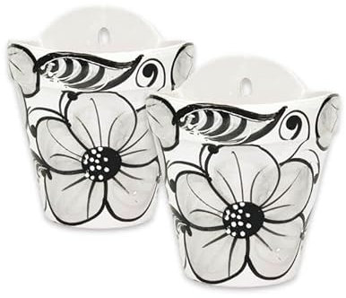 Verano Spanish Ceramics Outdoor Living Terracotta Hand Painted Grey Flower Hanging Pots - Decorative New Home Garden Yard Patio Décor Gardening Herb Flower Wall Plant Pots - Set of 2-22cm x 22cm