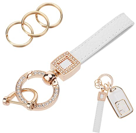 cobee Porte-clés de voiture en cuir microfibre avec strass étincelants anti-perte pour homme et femme, blanc