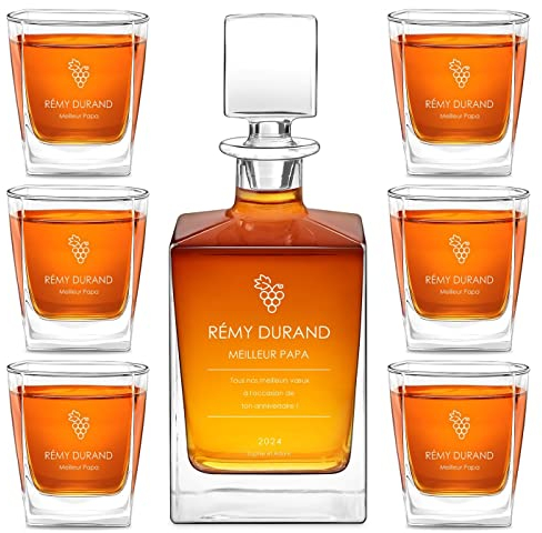 Maverton Carafe et Verres à whisky avec gravure pour femme - 810ml Carafe élégante + 6 Verres pour scotch cognac rhum - Service personnalisé pour elle - pour anniversaire - Meilleur papa