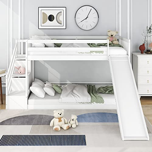ZYLOYAL10 90 * 200cm Kinderhochbett mit Stauraumtreppe (Mit Rutsche - Weiß)