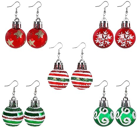Weihnachten Tropfen Ohrringe - Mini Farbige Baumeln Kugeln, Lustige Frauen Mädchen Schmuck, 5 Paar Glitzerkugel-Set, Party Geschenk Themed Dress Up