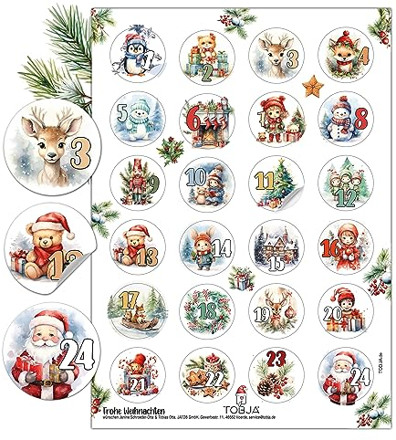 TOBJA Adventskalender Zahlen Aufkleber - 24 Sticker Zahlenaufkleber 1-24 Weihnachten | Niedliche Adventsaufkleber für besondere Momente | Adventkalender Sticker (bunt)