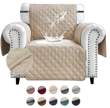 FIGOOO wasserdichte Sofabezug 1 Sitzer Dicke Sofaschoner Wasserdicht Gesteppte Sofa Überzug mit Seitentaschen Sofaüberwurf rutschfest Kratzfest für Haustiere Hunde Katzen,Beige