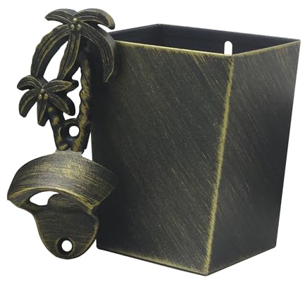 Jumiok Old Fashioned Wall Mount Beer Cap Opener Palm Tree, Post Mounted Bottle Opener with Cap Catcher Drained (Aged Bronze)