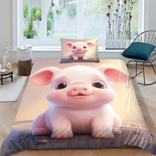 IOFEER Niedliches Schweinchen Bettbezug Set 3D Gedruckter Für Kinder Mädchen Jungen Bettwäschegarnitur Weich Microfaser Bettwäsche Reissverschluss Und Kissenbezüge 3 Teilig Single(135x200cm)
