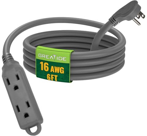 GREATIDE 6 Ft Flat Plug Extension Cord,16/3 SJT Indoor Low Profile 3 Outlets Extension Cable with 45° Angled Flat Plug, Multiple Outlets Extension Cord, Grey