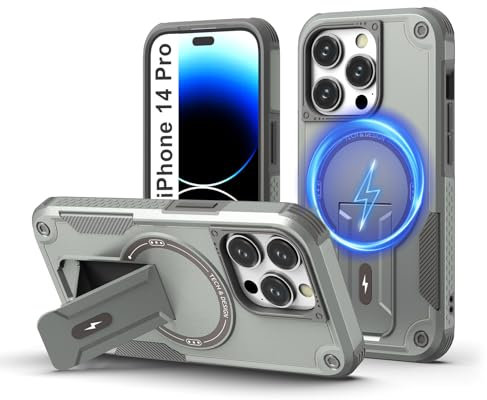 Tuvror Magnetic for iPhone 14 Pro Case with stand, [Compatible with MagSafe] Built-in kickstand, Military Drop Protection, Rugged Heavy Duty Shockproof Protective Phone Cover for iPhone 14 Pro (Grey)