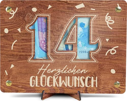 14 Geburtstag - XL Geldgeschenk aus Holz inkl. Ständer | Geschenk 14. Geburtstag - 14 Geburtstag Mädchen, 14 Geburtstag Jungen, 14 Geburtstag, 14. Geburtstag Mädchen, 14 Geburtstag Deko