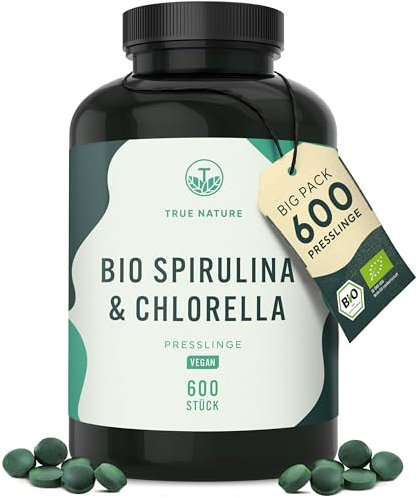 Bio Spirulina & Chlorella Presslinge – 600 Tabletten – Hochdosiert mit 6.000 mg pro Tag – Vorrat für 50 Tage – Hergestellt & laborgeprüft in DE – Vegan & frei von Zusätzen – TRUE NATURE