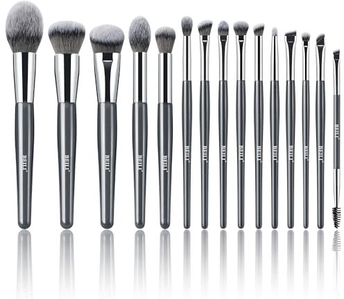 BEILI Pinceaux Maquillages 15 PCS Set Pinceaux Maquillage Brosse Maquillage Pinceau Végétaliens Fond de Teint Poudre Contour Fard Paupières Surbrillance Blush Correcteu Sourcil Liner-gris bleu