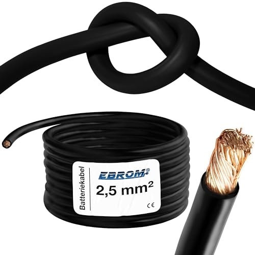 EBROM HI-FLEX 20 Meter hochflexibles Batteriekabel MASSE SCHWARZ 2,5 mm² | Batterie Kabel 2,5 mm2 - MASSEKABEL - extrem leicht verlegbar - für PV, Boot, Solar, Industrie, LKW, KFZ, Caravan