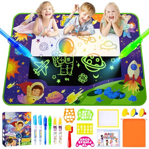 JONRRYIN Wasser Doodle Matte, Aqua Magic Doodle Matte, Wassermalmatte Mit Wasserstift Werkzeuge Stempe Zubehör, 100 x 70cm Painting Matte, Magic Malmatte für Kinder Baby Toddler