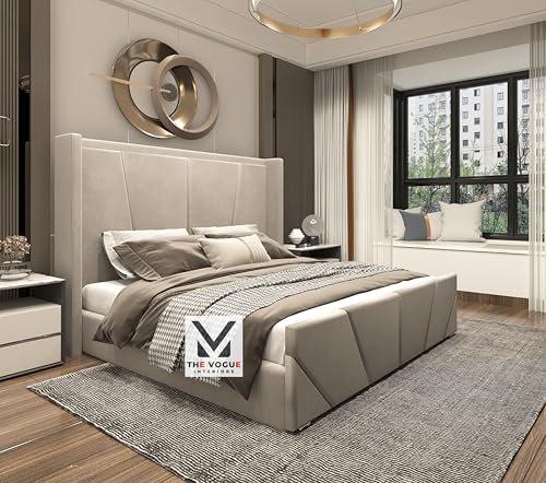 THE VOGUE Interiors Winged Bed Frame | Plush Velvet Bed With Storage | Ottoman Storage Bed Frame | upholstered bed frame (Cream Plush Velvet, 4FT6 DOUBLE)