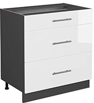 Vicco Küchenunterschrank Fame-Line, Weiß Hochglanz/Anthrazit, 80 cm mit 3 Schubladen, AP Anthrazit