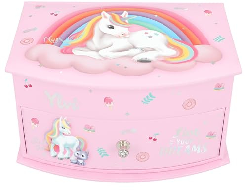 Depesche 13203 Ylvi - Kleines Schmuckkästchen in Pink, mit Einhorn Motiv und Muster, Schmuckbox mit Klappdeckel und Spiegel