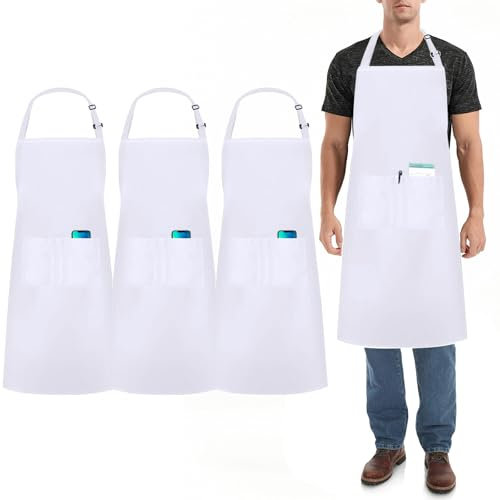 umboom 3 Stücke Weiß Kochschürze, Verstellbare Küchenschürze mit 3 Taschen für Herren Frauen, Gastronomie Arbeits Schürze für Kellner Chef Friseur Barista Backen Bar (Polybaumwolle - Weiß)