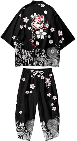 DOSLAVIDA Ensemble de vestes kimono japonaises pour homme - Élégant manteau ouvert sur le devant avec short - Style chinois - Cardigan imprimé, noir/rose, Large