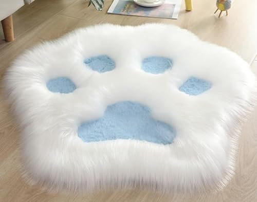 YUGWNN Niedlicher Teppich Katzenpfoten,Flausch Teppich Bettumrandung Fell füR Couch,Schlafzimmer Kinderzimmer Deko Langflor Teppiche,140x140cm/55x55in,Weiß Und Blau
