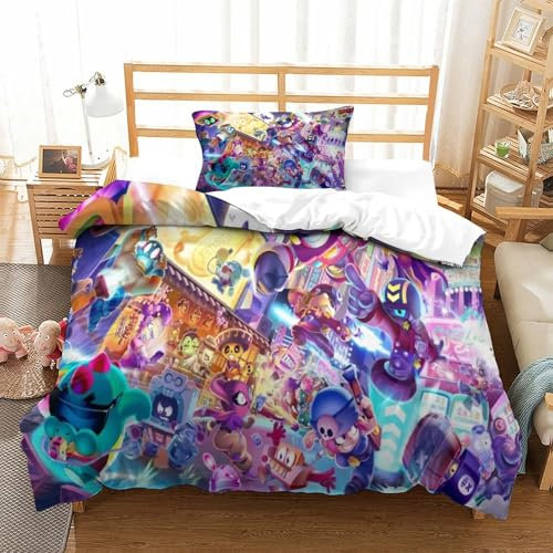 BSTELA9IE Brawl Stars Bettbezug Bettwäsche Set 2 Teilig Kinderbettwäsche-Set Reißverschluss Mit Kissenbezügen Betten Set Für Jungen Und Mädchen, Kinder Single(135x200cm)