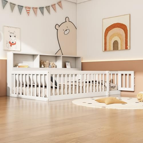FEZTOY Kinderbett 90x200cm Bodenbett mit Geländer&Türen&Staufach&Lattenrost, Funktionsbett Einzelbett, Holzbett Bettgestell Jugendbett für Mädchen & Jungen, Ohne Matratze