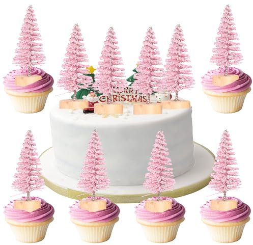 Gyufise 12Pcs Mini Christmas Tree Cupcake Toppers 3D Mini Christmas Tree Cake Topper Decorations for Xms Birthday Winter Holiday Party Decoration Supplies Pink