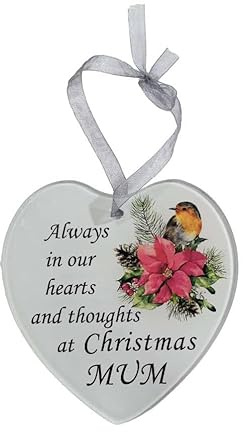 Glass Heart Hanging Ornament with Robin and Poinsettia, 10 x 10 cm, 'Always in our hearts and thoughts at Christmas Mum' Memorial Message