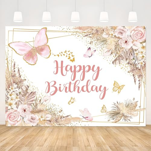 APROPHIC Boho Geburtstagbanner Hintergrund, Happy Birthday Banner Fotohintergrund, Rosa Blumen Pampas Gras Babyparty Banner Baby Shower Fotowand，210x150cm