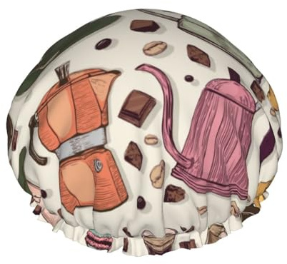 Xiso Ver Vintage Coffee Shower Cap for Women Double Waterproof Layers Bath Hats Elastic and Reusable Hair Caps for Long Thick Hair Soft Bath Shower Hair Hat